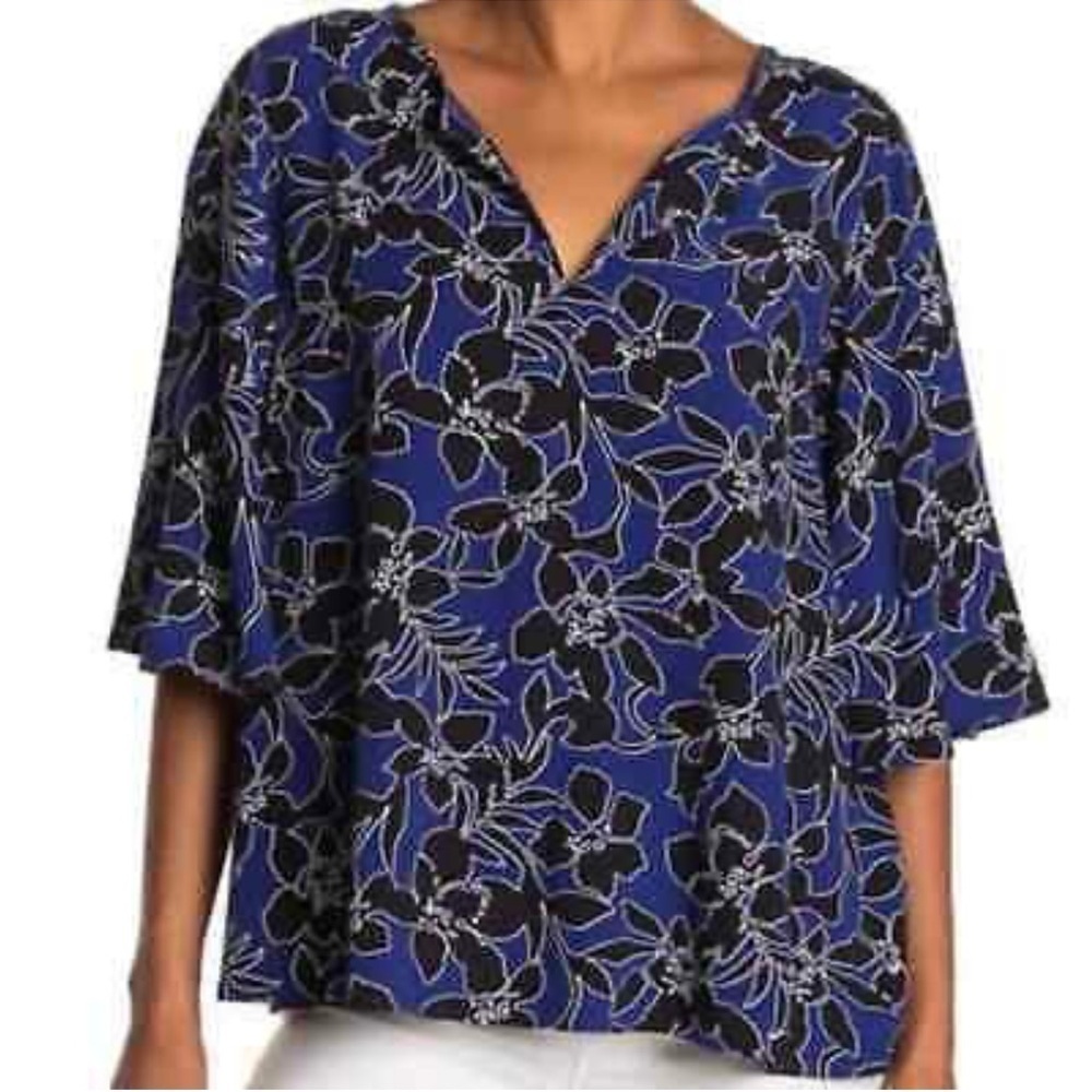 Tommy Bahama Forte Blue Floral Bell Sleeve Tunic Top Medium